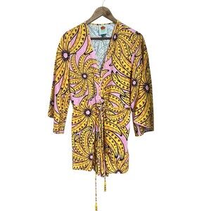 Farm Rio Banana Pink Yellow Long Sleeve Linen Romper Boho Vacation Twee Chic Med